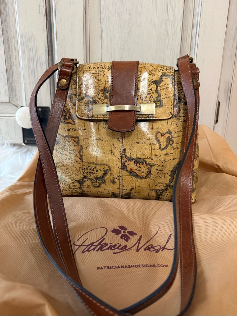 Patricia Nash Tan Brown Map Print Crossbody Bag
